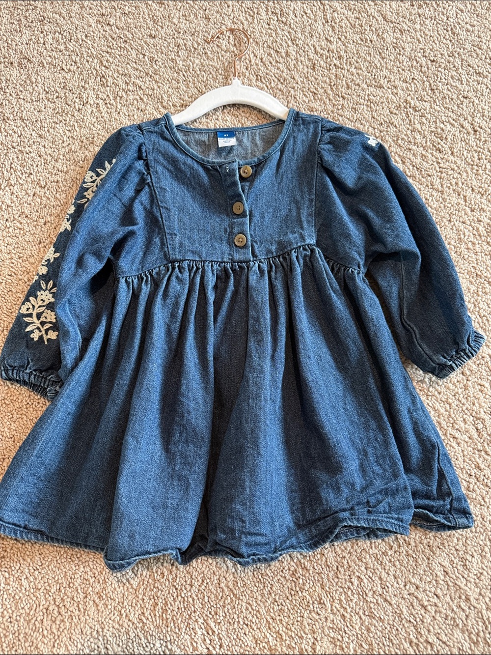 Old Navy Toddler Girl 2T Blue Denim Dress with Cream Floral Embroidery